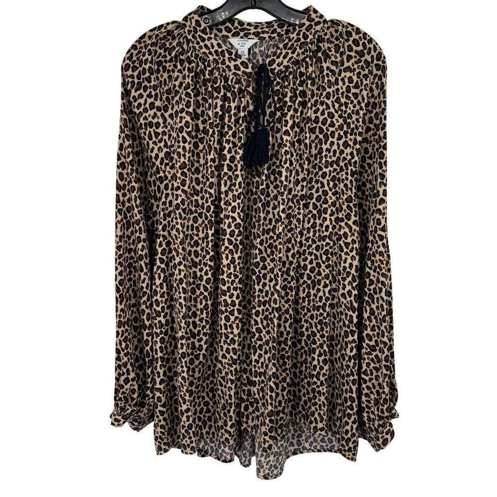 Crown & Ivy Womens Leopard Print Long Sleeve Blouse Tassel Detail size 2x plus